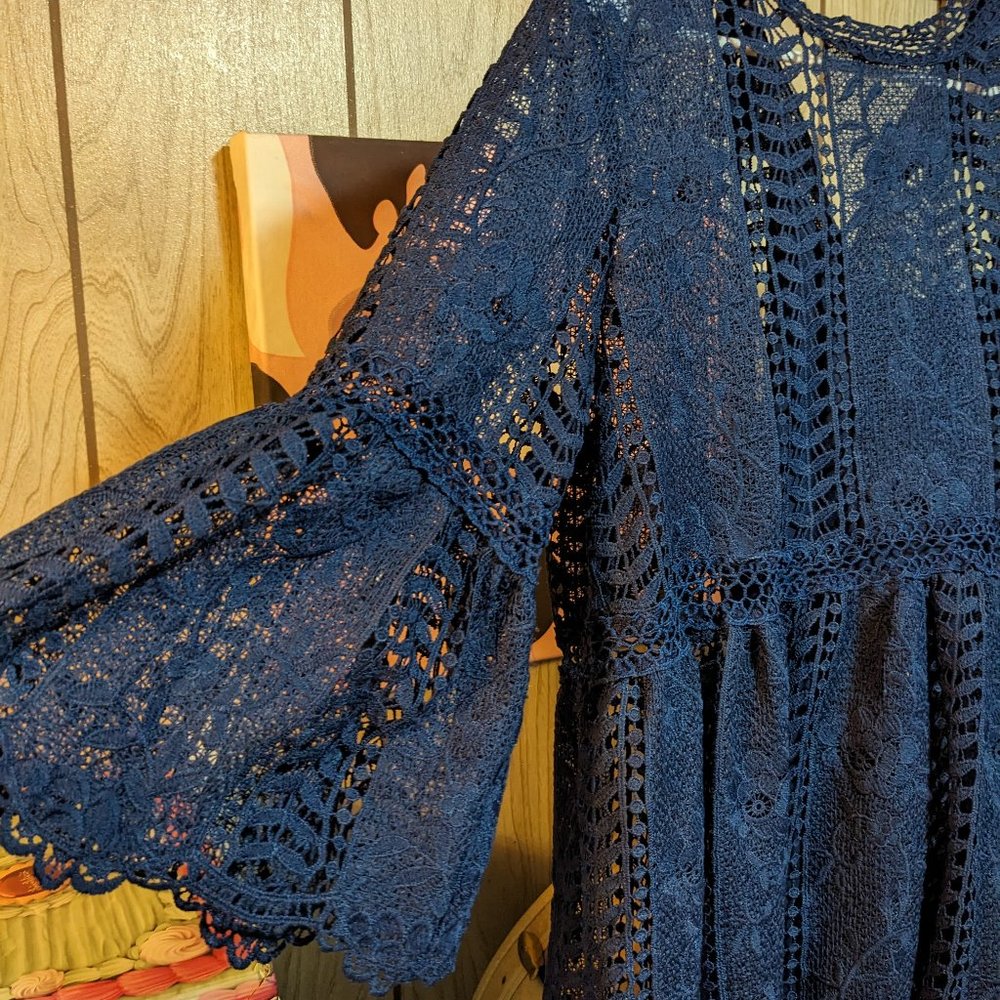 Easy Boho Crochet-style Lace Dress with Slip Navy Blue